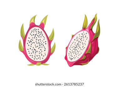 Vector illustration of sliced dragon fruit with pink skin, green scales, and white flesh with black seeds, representing exotic tropical fruit, freshness, and healthy eating.