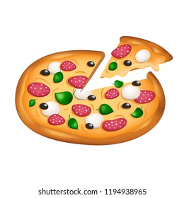 Vector illustration. Sliced italian pizza with pepperoni and mozzarella and olives, isolated on white.