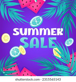 Vector illustration of sliced juicy summer fruits like watermelon, lemon and lime drops on tropical foliage background for shop sale signs, banners, poster templates, social media posts