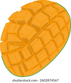 A vector illustration of a sliced mango fruit, presented in a cubed pattern