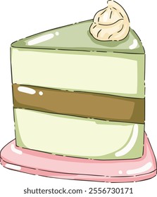 vector illustration of sliced pandan chocolate cake with cream froasting on the top, sliced indonesia klepon cake, cute sticker, snack time, dessert time isolated on transparent background