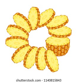 Vector illustration of sliced pineapple with rings isolated on white background. Sliced tropical fruit.