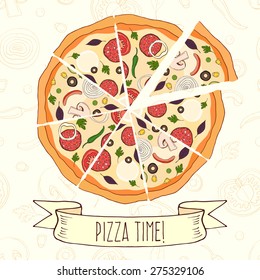 Vector illustration - sliced pizza and ingredients of pizza 