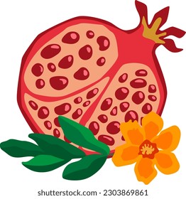 Vector illustration of sliced pomegranate with leaves and flowers black on white background