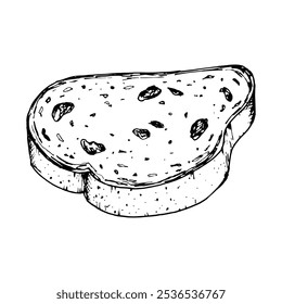 Vector illustration of sliced raisin bread with detailed texture. Ideal for bakery design, recipe book, food packaging or breakfast themed projects. Traditional Christmas stollen cake, new year cake