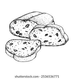 Vector illustration of sliced raisin bread with detailed texture. Ideal for bakery design, recipe book, food packaging or breakfast themed projects. Traditional Christmas stollen cake, new year cake