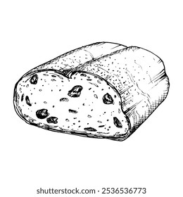 Vector illustration of sliced raisin bread with detailed texture. Ideal for bakery design, recipe book, food packaging or breakfast themed projects. Traditional Christmas stollen cake, new year cake