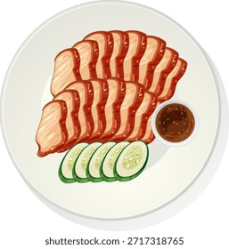 Ilustração vetorial de carne de porco assada fatiada, pepino e molho de imersão em placa branca, vista superior