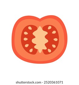 Ilustração vetorial de um tomate fatiado mostrando seu interior com sementes e polpa vermelha vibrante. Perfeito para conteúdo relacionado à comida, nutrição e tema de alimentação saudável. 