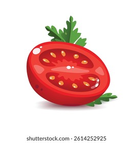  Vector illustration of a sliced tomato with visible seeds and green leaves arranged on a clean white background. The bright red color highlights the freshness and appeal of the tomato.