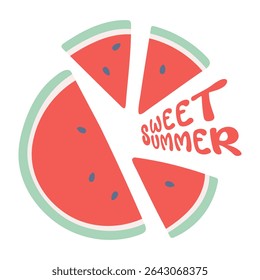 Vector illustration of a sliced watermelon with bold Sweet summer lettering in a playful hand-drawn style. Fun and fresh seasonal design perfect for summer-themed prints and graphics.