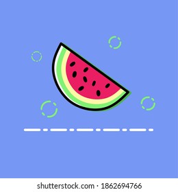 Vector illustration of sliced watermelon with color out of the line and surrounded by bubbles in incomplete icon style. Colored fruit icon. Fruit mascot design.