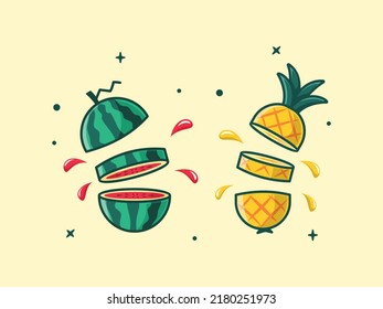 Vector Illustration of a Sliced Watermelon and Pineapple With Their Juices Squirting Out.