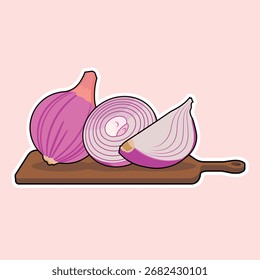 Vector illustration of sliced ​​and whole red onions on a chopping board