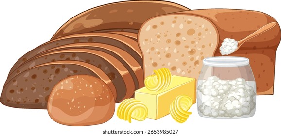 Ilustração vetorial de pão de trigo integral fatiado, cachos de manteiga e um pote de queijo cottage em um estilo de design limpo e plano