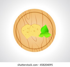 Vector illustration of slices of cheese and a sprig of oregano on the board for cutting