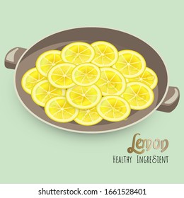 Vector illustration. Slices of lemon with drops of juice on the plate. Flat style design. Lettering Lemon. Sign Healthy Ingredient.
