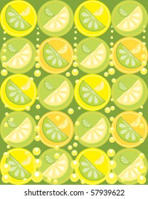 vector illustration of slices of lemon and lime on a yellow and green background