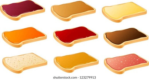 Vector illustration of slices of white bread with various bread spreads.
