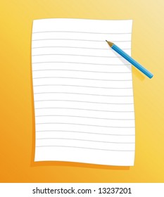Vector illustration of a slick ruled paper on orange background with shadow and pencil.
