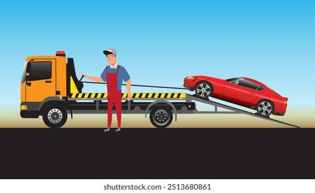 Vector illustration of a slide truck for carrying broken cars.