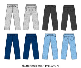 Vector illustration of slim denim pants  color variations set