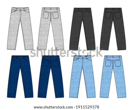 Vector illustration of slim denim pants  color variations set