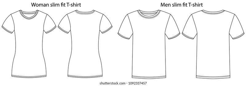 Vector illustration. Slim fit T-shirt technical drawing with seams. Woman, man and kids models 