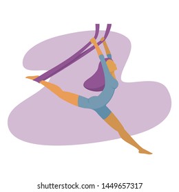 Vector illustration of a slim girl practicing air yoga. Aero yoga stretching asana. Cartoon illustration of anti gravity, flying or aerial yoga pose or position. Purple and blue colors.