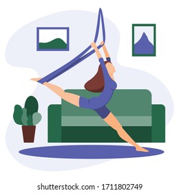 Imagen vectorial de una chica delgada practicando yoga aéreo en casa durante el bloqueo. El fitness en casa. Yoga Aero que se extiende como asana. Ilustración de caricatura de la posición o pose de yoga aéreo o volador contra la gravedad.