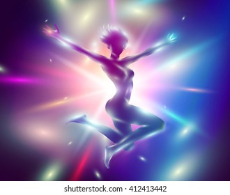 Vector illustration of slim jumping girl with hands up among the lights
