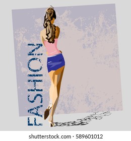 Vector illustration of slim model is leaning on textured word "fashion" on the grunge background