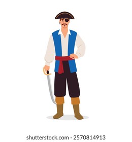 Vector illustration of a slim pirate. Cartoon scene of a mustachioed pirate in a tricorne, with a black eye patch, shirt, pants, vest, red belt, boots, saber isolated on white background. Sea robber.