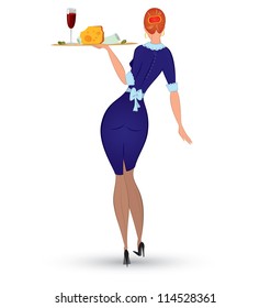Vector illustration of a slim waitress in blue uniform isolated on white