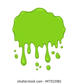 Vector illustration - slime drips and flowing. Abstract green splash liquid. Halloween banner in cartoon style. Stain shape isolated on white background