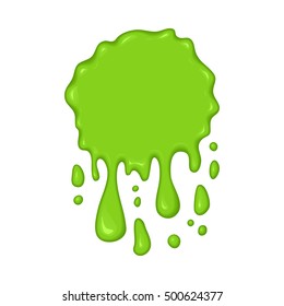 Vector illustration - slime drips and flowing. Abstract green splash liquid. Halloween banner in cartoon style. Stain shape isolated on white background