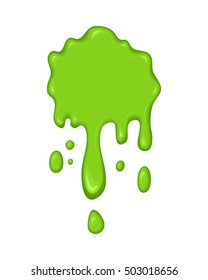 Vector illustration - slime drips and flowing. Abstract green splash liquid. Halloween banner in cartoon style. Stain shape isolated on white background