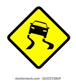 vector illustration of slippery road ahead when wet road sign isolated on white background.