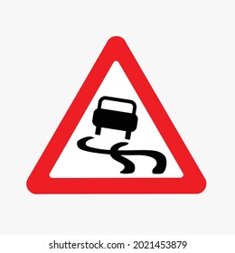 Ilustración vectorial de la señal de tráfico por carretera resbaladiza. Dibujo de la señal triangular de la carretera de peligro para la carretera resbaladiza.