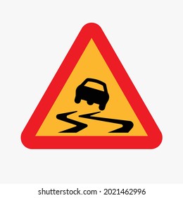 Vector Illustration Of The Slippery Road Traffic Sign. Drawing Of Triangular Hazard Road Sign For Slippery Road.