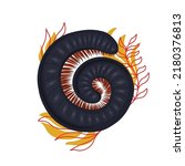 Vector illustration of slipping centipede in clew with foliage and stems. Cartoon clipart with a julida and foliage.  Millipede insect with nature elements. An insect with a chitinous shell.