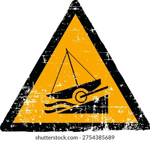 Vector illustration of a slipway hazard sign with a grunge texture. Worn scratched yellow triangle symbol showing a car falling off a ramp into water isolated on white background. Meets international safety sign standards including ISO 7010 W044 ANSI Z535 OSHA and DIN 4844. Distressed industrial danger emblem for marine and occupational health.