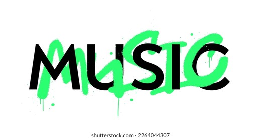 Vector illustration. Slogan of Music with typography, splash effects and drops. Urban street graffiti style. Concept for festival, record and vinyl store.1990s, Y2k style. Bright colors.