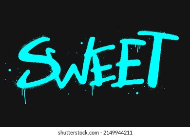 Vector illustration. Slogan of Sweet, splash effects and drops. Urban street graffiti style. Concept for cafe, restaurant, confectionery, sweet-shop, pastry-shop. Neon blue letters is sprayed on black