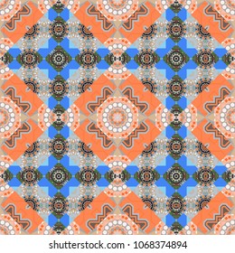 Vector illustration. Sloping seamless colorful ornament for design and backgrounds. Abstract blurred paisley orange, gray and blue ornament. Textured seamless pattern. Orient popular style.