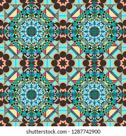 Vector illustration. Sloping seamless colorful ornament for design and backgrounds. Textured seamless pattern. Abstract blurred paisley beige, blue and brown ornament. Orient popular style.