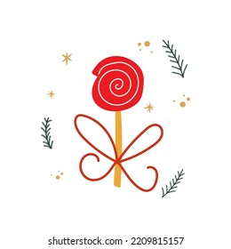 Vector Illustration With Sloppy Hand Drawn Candy Cane Tied With Red Ribbon.