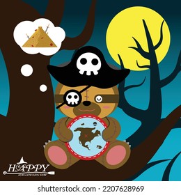 Vector illustration of a slot doll in a pirate ghost suit dreaming of a pile of treasures. night forest background with full moon for halloween decoration
