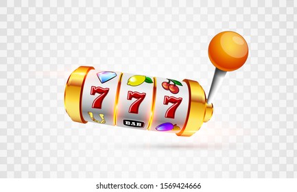 Vector illustration slot machine with lucky three sevens jackpot in realistic style on transparent background