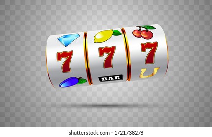 Vector illustration slot machine with lucky three sevens jackpot in realistic style on transparent background